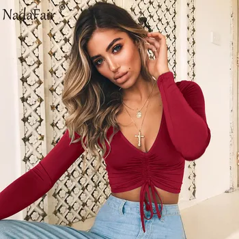 

Nadafair sexy deep v neck crop tops women 2019 spring long sleeve tee shirt femme draped lace-up slim solid casual t shirt