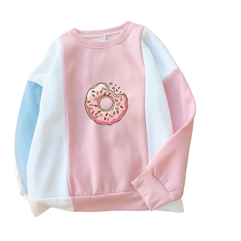 Женская Толстовка Harajuku Милые Пончики с принтом милые толстовки Лоскутные пастельные контрастные цвета с круглым вырезом осенне-зимняя одежда Топ