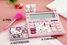 2016 Hello Kitty New Cute Calculator Cartoon Calculadoras Dual Solar Power Desktop Calculating with ballpointpen and notebook