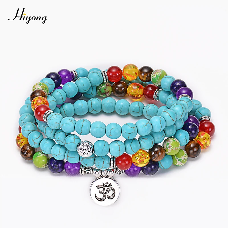 

2019 New 7 Chakra 108 Mala Beads Wrap Bracelets or Necklace Turquoises Beads With Life Tree Lotus OM Buddha Charm Yoga Bracelet