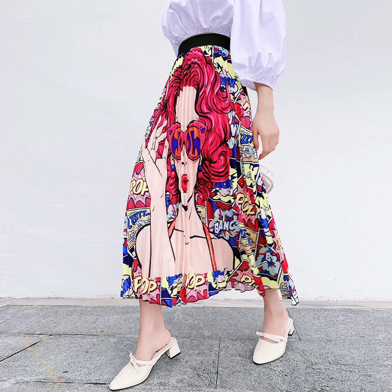 

Limiguyue new fashion women pleated skirt cartoon pattern high elastic waist mid-calf runway skirt casual a-line skirt T906