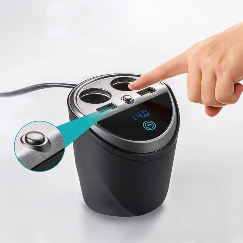 Car Cup Charger 12V/24V Multi Function Car Power Adapter with Dual USB Ports 3.1A + 2-Socket Cigarette Lighter for Phone DVR GPS
