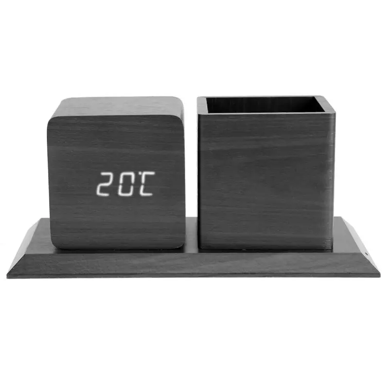 

Sound Control Digital Electronic Led Alarm Clock Pencil Pen Holder Time Date Temp Display Desk Organizer Office Accessories