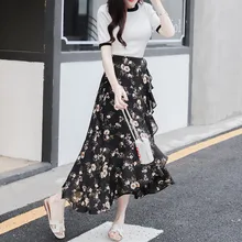 Новые летние Для женщин Нерегулярные Цветочный принт шифоновое, платье-русалка юбки Для женщин пляжный с завышенной талией праздник призвание Длинная черная юбка