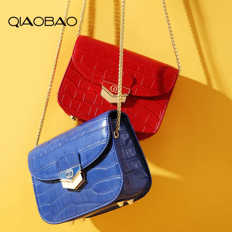 

QIAOBAO Genuine Leather chain handbags New Crocodile Pattern Crossbody Female Bag Western Style