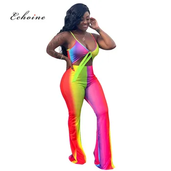 

Echoine Jumpsuit Women Sexy Spaghetti Straps Tie-Dye Print Lace Up Cut Out Sheath Sportwear Long Pants Female Tracksuits Outwear