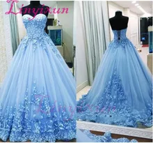 2018 vestido de Baile Vestidos de Baile Querida Mangas Apliques Tulle Backless Light Blue Evening Vestidos vestido de festa longo