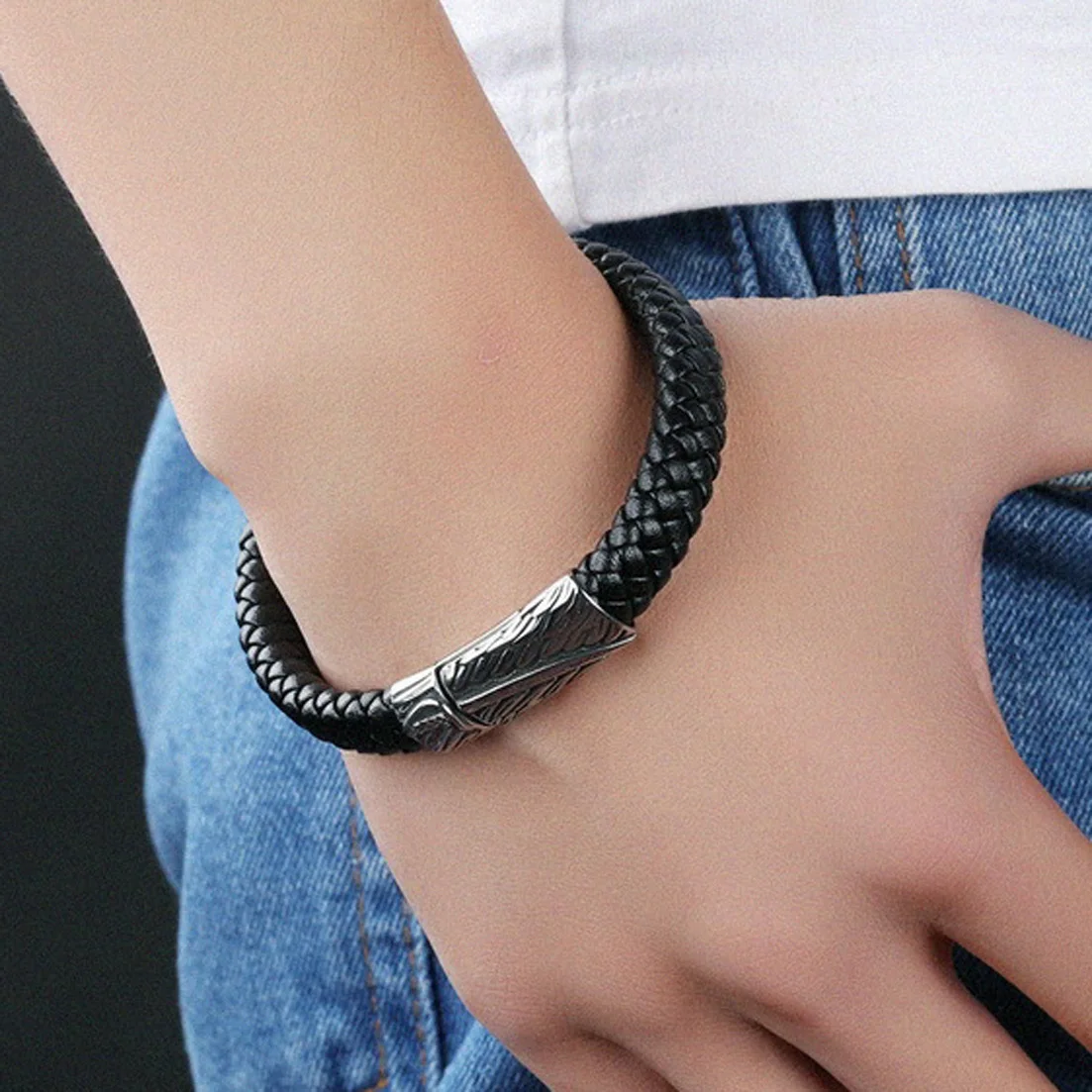 Granny Chic Genuine Leather Stainless Steel Bracelet Charms Punk Jewelry Bracelet For Men Holiday Father Valentine's Day Gift