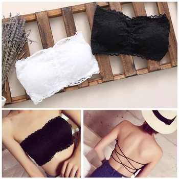 

KLV Women Strapless Lace Camisole Backless Slim Sexy Tube Tops White/Black