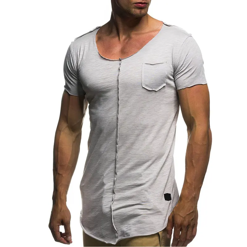 Summer Hot Men Raw Edge Extend T shirt Longline Hip Hop Cotton Thin Tee ...