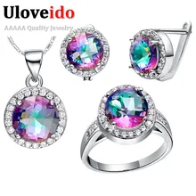 Uloveido Wedding Bridal Jewelry Sets for Women Silver Plated Ring Earrings Necklace Set Blue Rainbow CZ Diamond 49% off T484