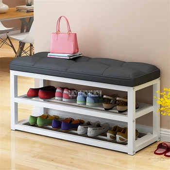 

C313 Metal Frame Shoe Storage Stool Living Room Shoe Rack Simple Change Shoe Bench Organizer Flax/Leather Cushion Shoes Cabinet