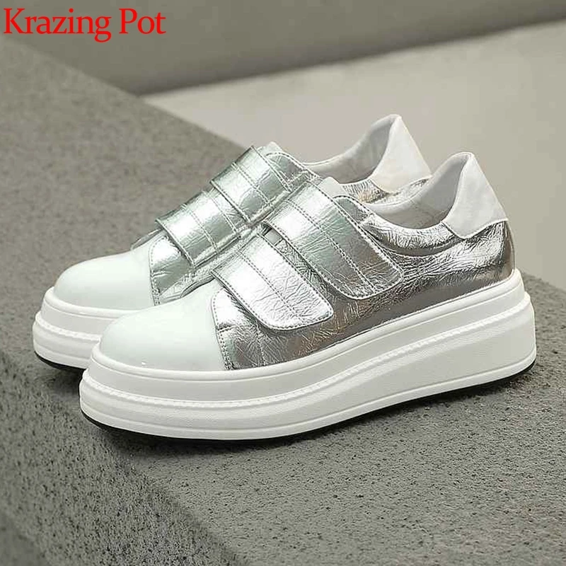 

Krazing pot microfiber natural leather round toe hook loop thick bottom casual high heel platform sneaker vulcanized shoes L1f1