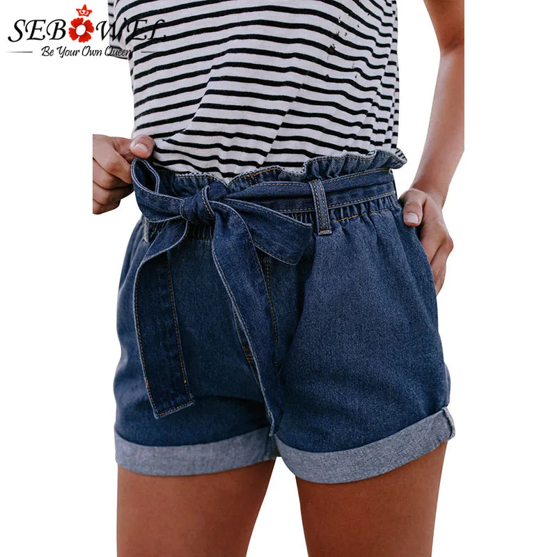 

SEBOWEL Summer Light/Medium Blue Paperbag Waist Denim Shorts Woman Strappy High Waist Wide Leg Jeans Shorts with Belt Size S-XL