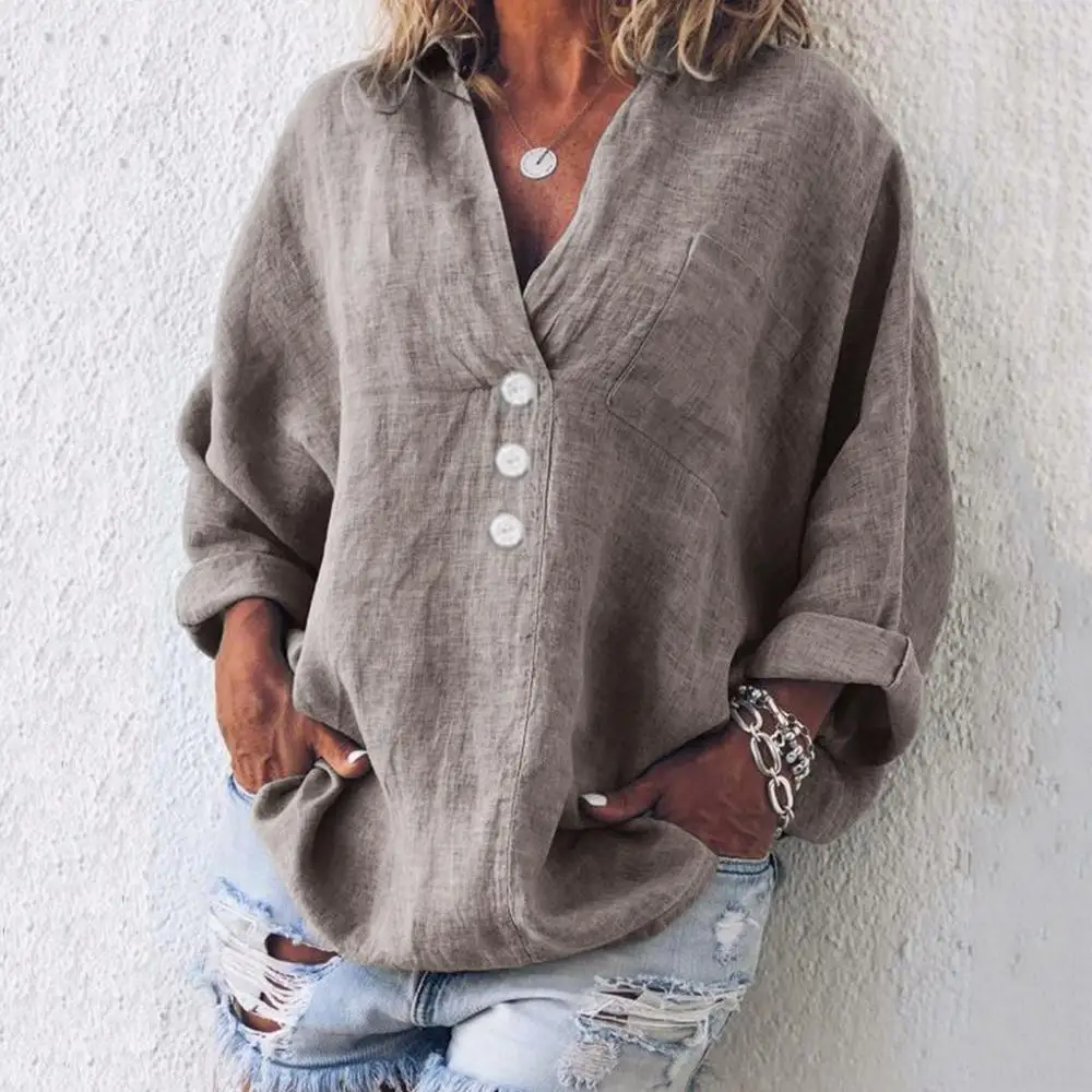 

2019 Vintage Women Blouses Cotton Linen Fashion Plus Size Solid Casual Long Sleeve Shirt V-Neck Button Blouse Tops blusas mujer
