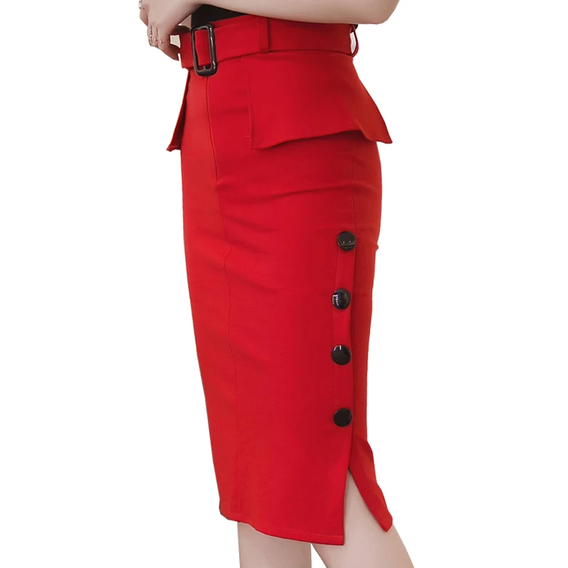 Fashion New 2019 Autumn Winter High Waist Midi Skirt Red Black Bodycon Pencil Skirts Buttons Open Slit Elegant Womens | Женская одежда