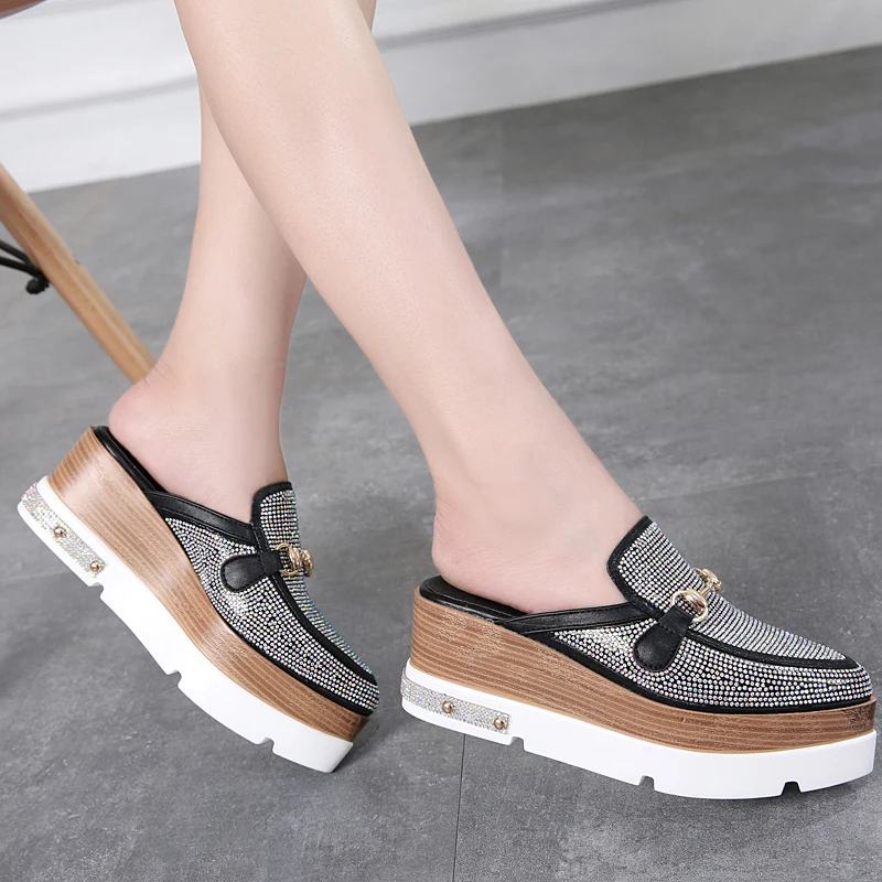 

2019 Women Crystal 7.5cm High Heels 4.5cm Platform Wedges Sandals Prom Party Slides Diamond Slippers Luxury Design Shoes YHC-86