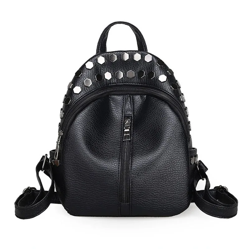 

DCOS-Small Women Backpacks Rivet Zipper Pu Leather Student Backpack Fashion Bag Girls Women's Backpack