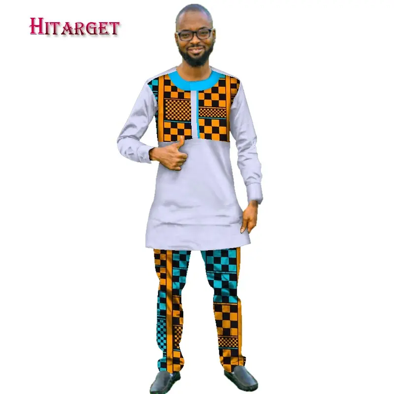 Африканская одежда для мужчин с длинным рукавом рубашка и брюки комплект Базен Riche Африканский Принт пэчворк хлопковые топы брюки Мужской