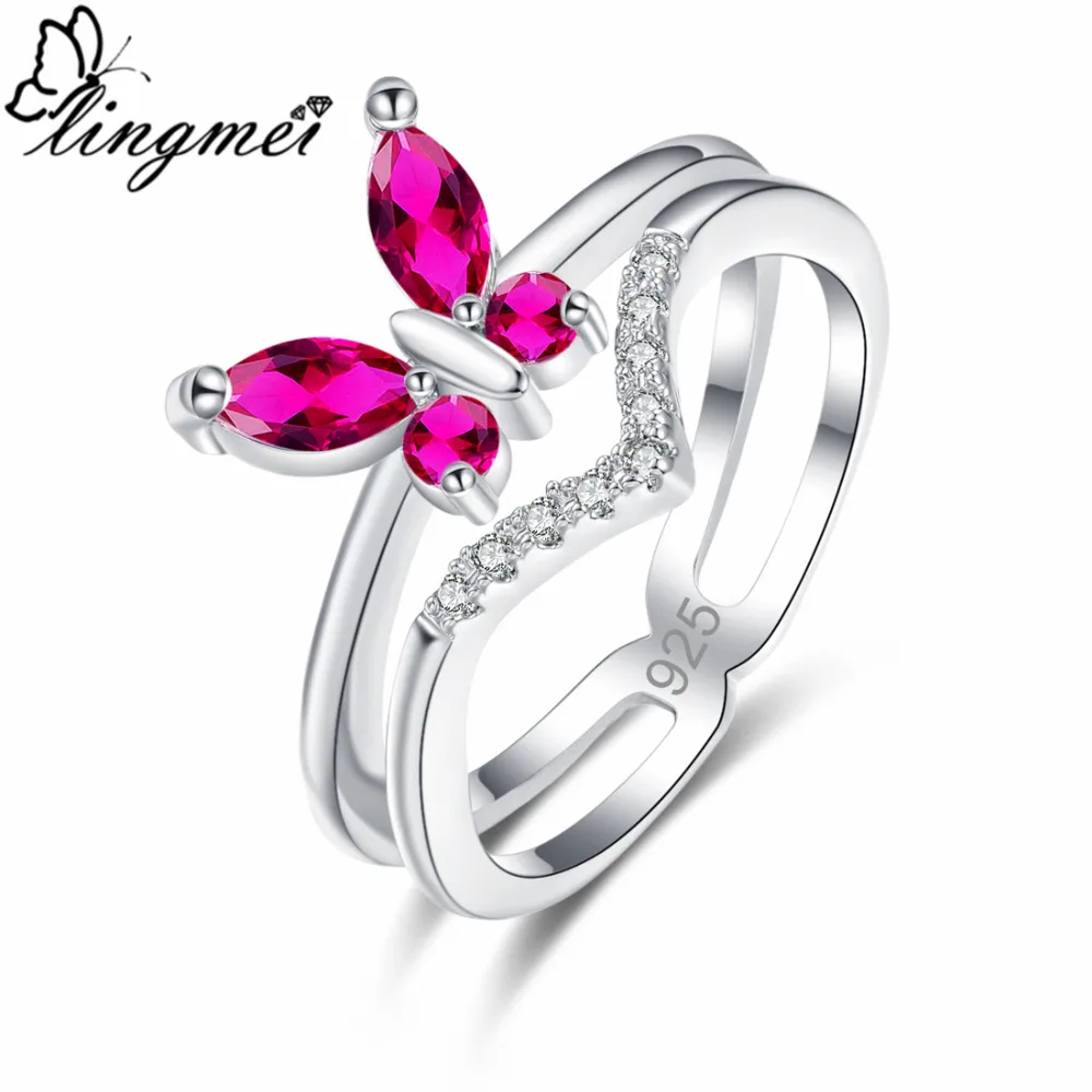 

lingmei New Design Popular Butterfly Pink & Red Royal Blue White CZ Silver Color Ring Size 6 7 8 9 Unique Women Jewelry Party