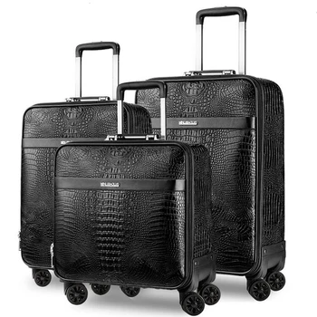 

Men Crocodile pattern Genuine cow Leather cabin trolley suitcase brand carry on business rolling luggage vs travel bag on wheels