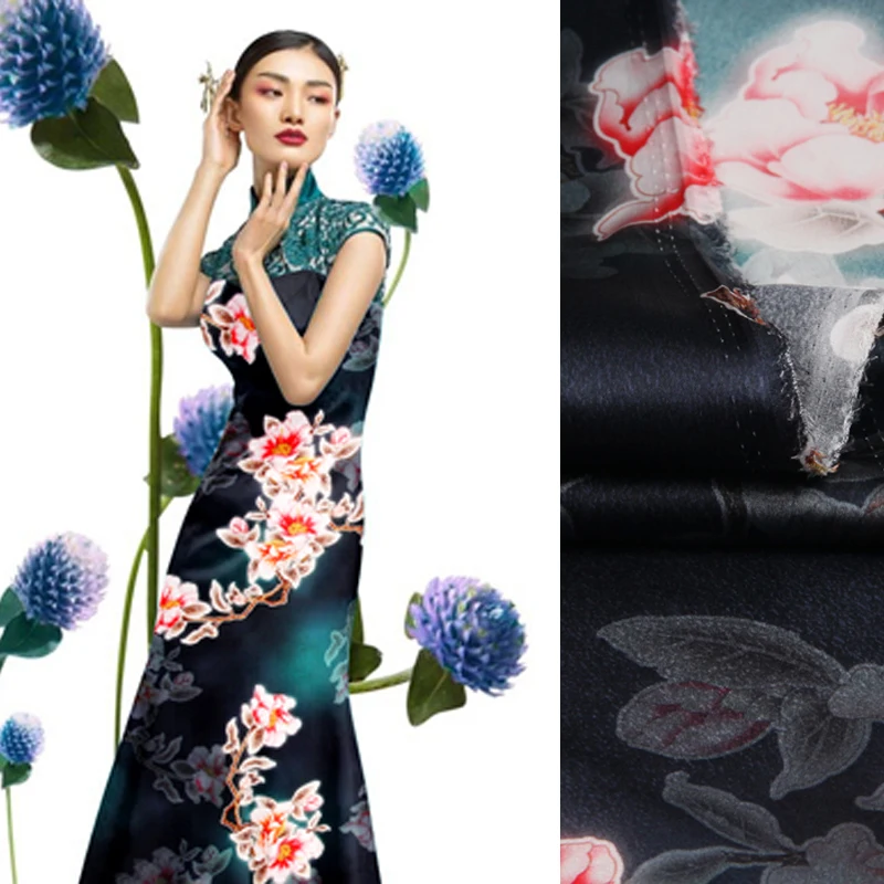 

118CM Wide 19MM 93% Silk & 7% Spandex Pink Floral Dark Blue Stretch Silk Satin Fabric for Summer Dress Clothes Cheongsam D947