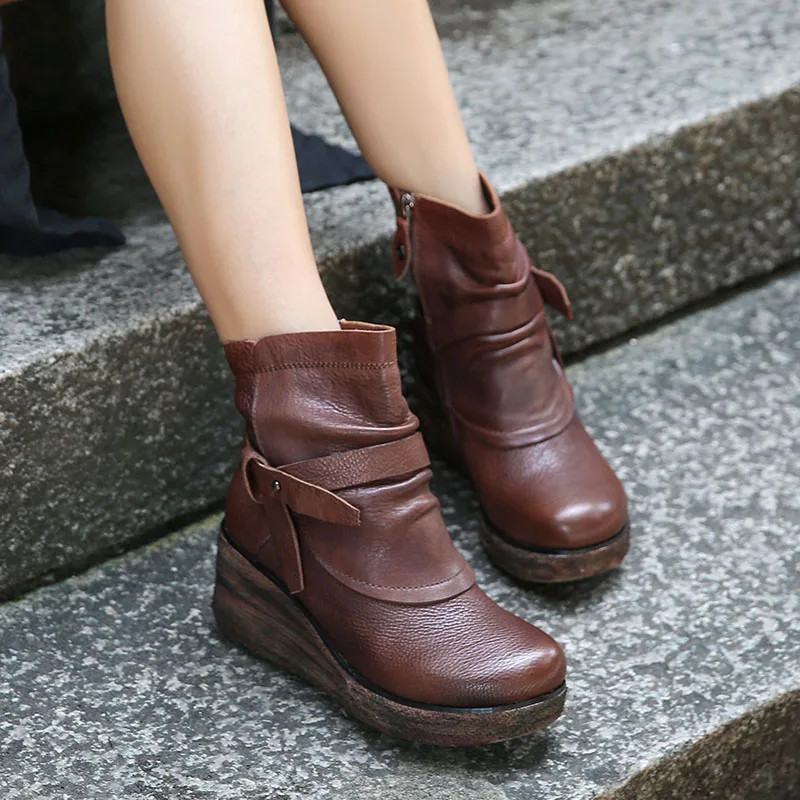 

2019 VALLU New Arrival Women Shoes Wedges Boots Buckle Round Toes Handmade Vintage Original Leather Ladies Ankle Boots