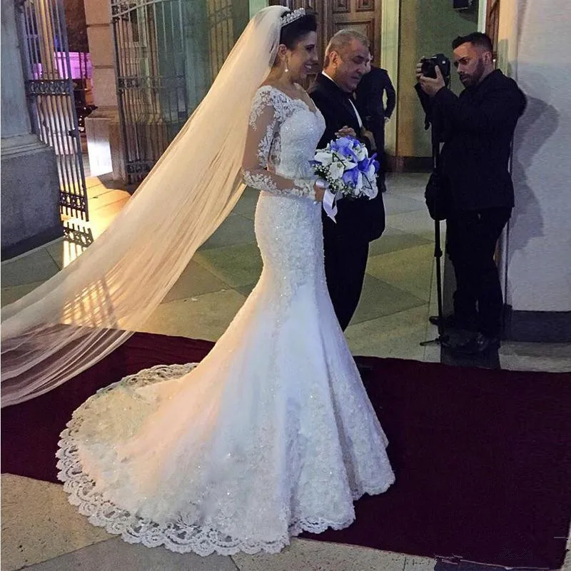

Sexy Backless Long Sleeves Mermaid Wedding Dress Sweep Train Lace Appliques Mariage robe de mariee