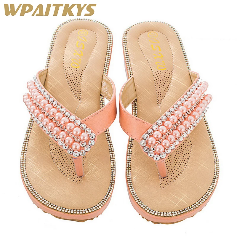 

2018 New Pearl Sandals Woman Blue White Pink Seven Colors Available Rhinestone String Bead Decoration Casual Women's Sandals