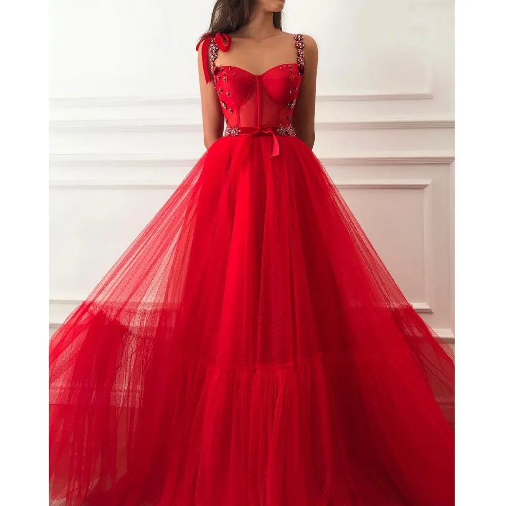 Princess Red Crystals Cheap Long Prom Dresses 2019 A Line Tulle Arabic African Girl Pageant Formal Evening Dress Abendkleider | Свадьбы и