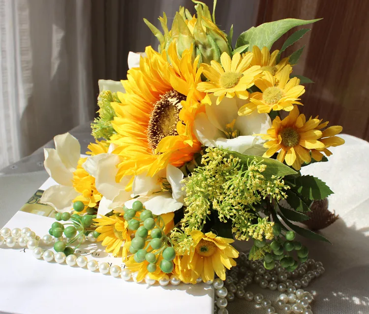 Желтые Подсолнухи Buquet de noiva букеты для брошь невесты свадьба снаружи свадебные искусственные цветы для свадьбы украшение дома