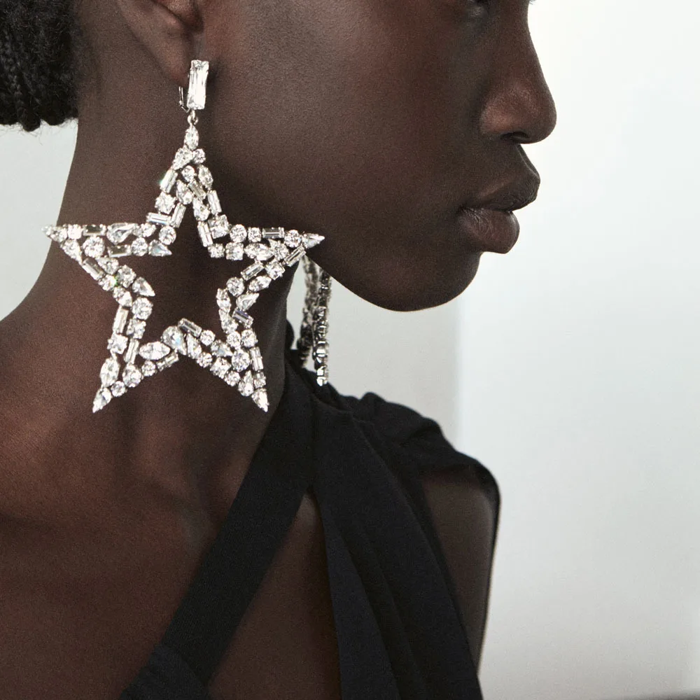

Luxury Women Crystal Rhinestone Star Pendant Big Drop Dangle Earrings Jewelry Fashion Show Lady's Statement Earrings Accessory