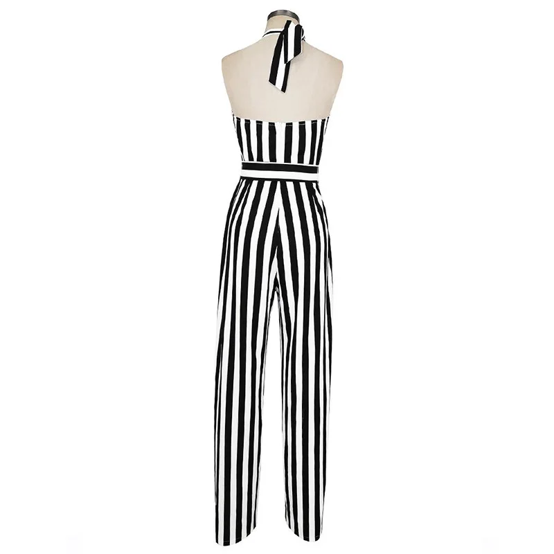 Bohoartist летний женский комбинезон в черно белую полоску без рукавов с лямкой на шее