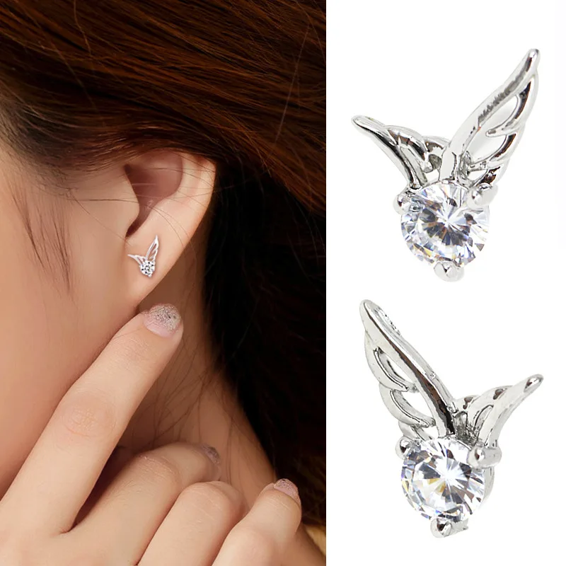 

New Fashion Womens Silver Plated Jewelry Angel Wings Crystal Ear Stud Earrings
