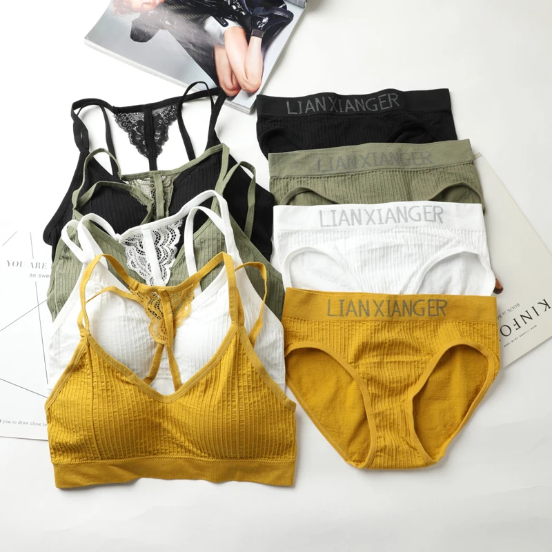 

Wriufred comfortable bra & brief sets women's underwear ultrathin print letter brassiere wireless loungewear lingerie lace bras