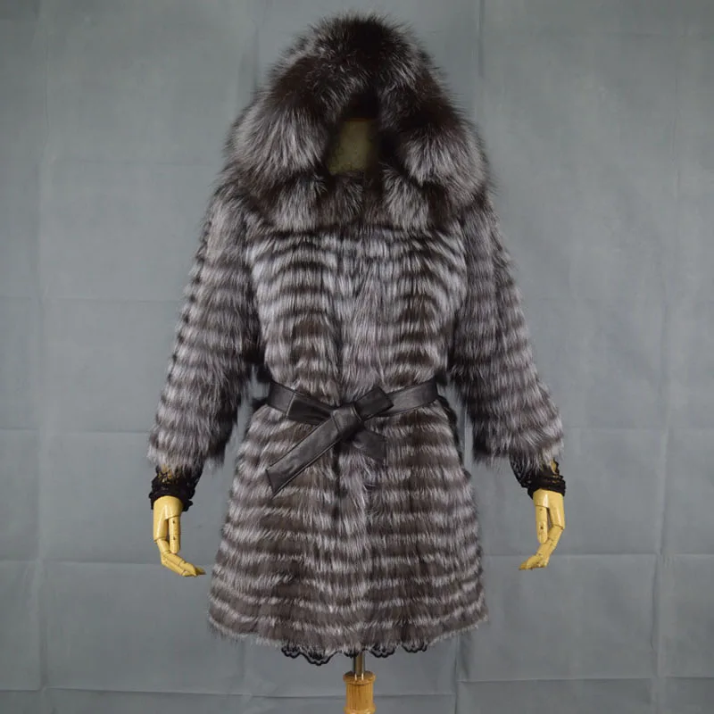 Шуба женская меховая с капюшоном 80 см из натурального меха серебристой лисы BF