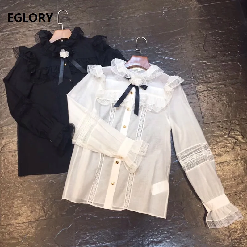 

2018 Fashion Blouse Shirt Women Lace Patchwork Appliques Flower Long Sleeve Black White Shirt Ladies Sexy Silk Cotton Shirts