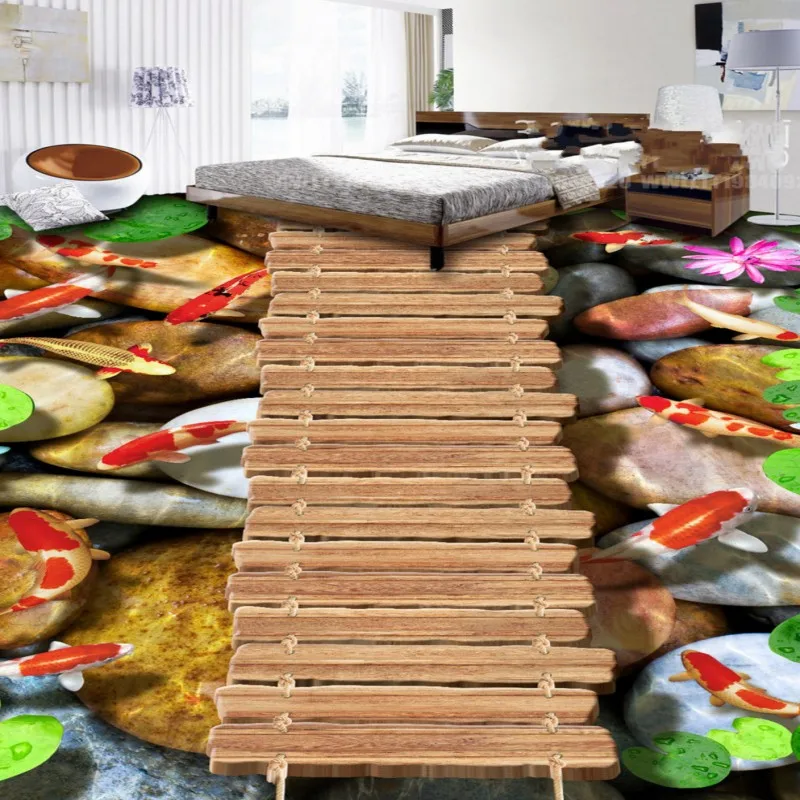 

Free Shipping 3D stereo custom Wooden bridge lotus carp stone floor painting living room lobby studio wallpaper mural