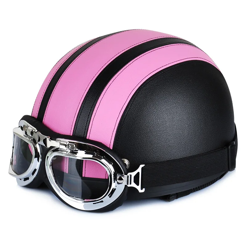 Кожаные мотоциклетные шлемы e-мотор скутер casco с ретро MX очки HL101 - Цвет: Black Pink