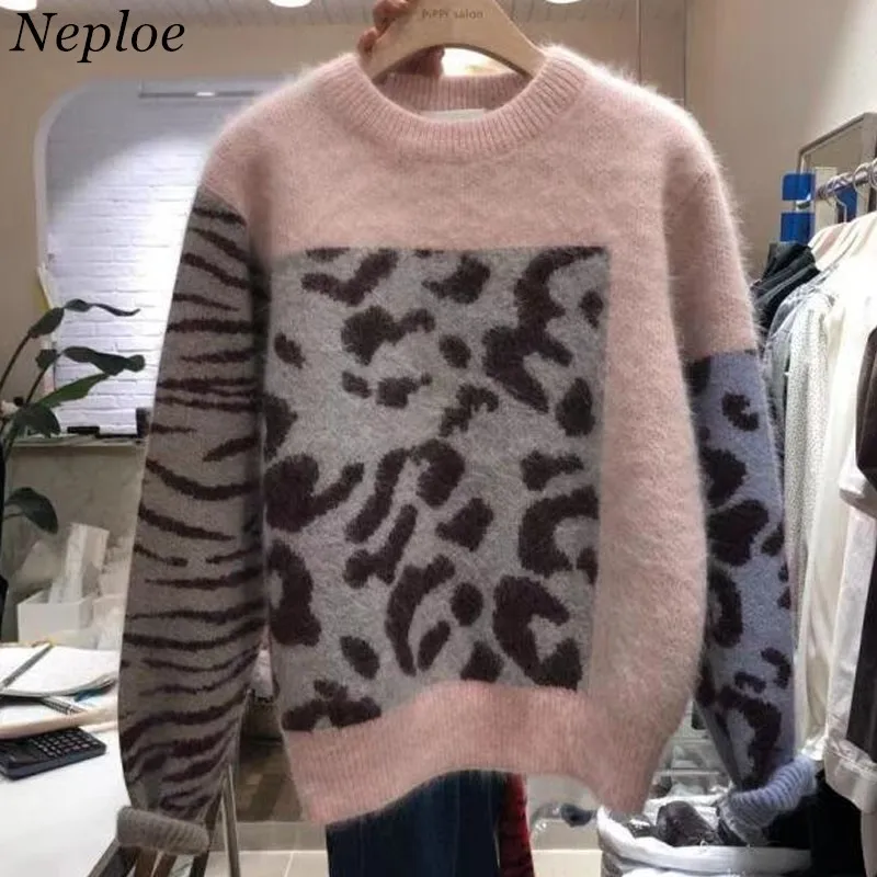 

Neploe 2019 Womens Sweater Leopard Contrast Color Pullover Long Sleeve O-neck Korean Causal Knitted Sweaters Sueter Mujer 37703