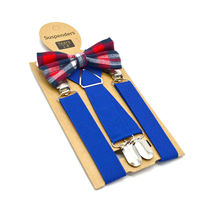 SHOWERSMILE Blue Kids Suspenders with Bow Tie Leather Children Braces British Style Wedding Red Gray Solid Boys Suspenders 65cm - Цвет: blue