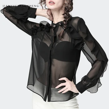 

Women Transparent Black Chiffon Blouse With Bra 2 Pieces Set Necklace Collar Ruffle Sexy See Through Loose Plus Size Summer Tops