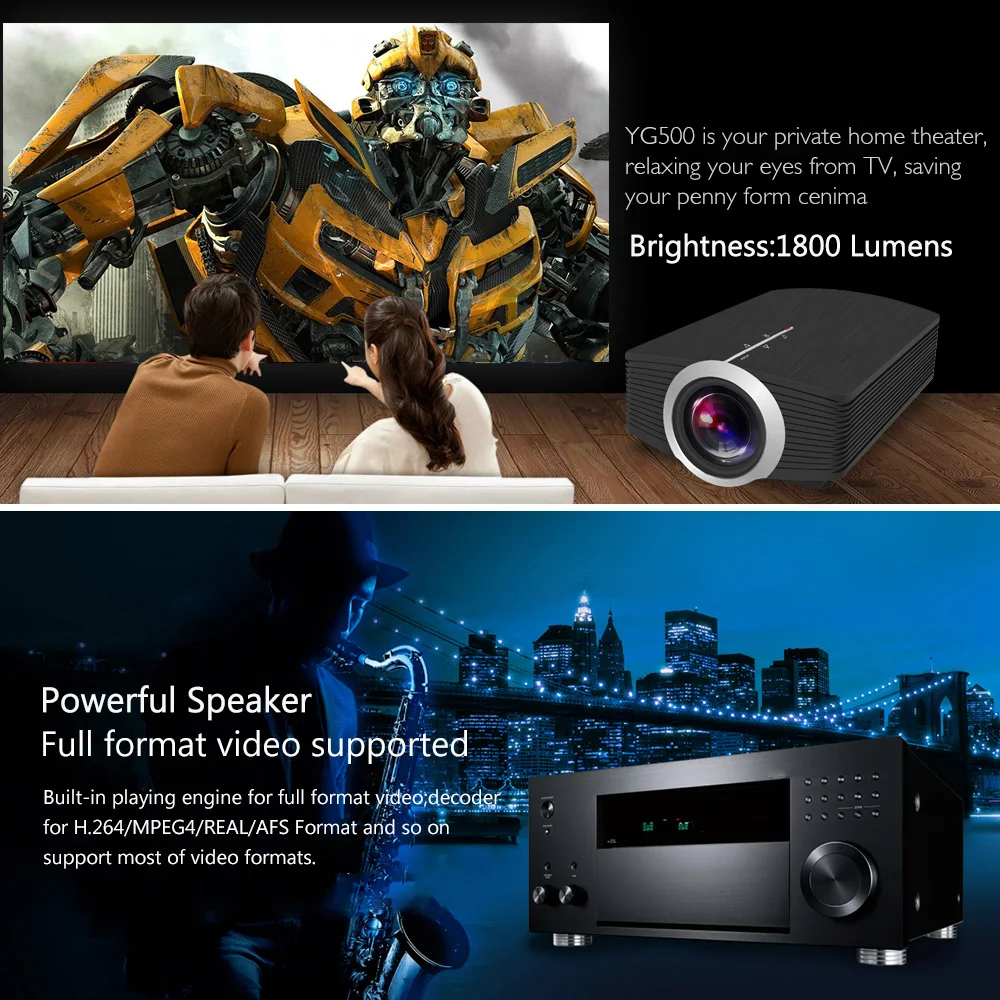 AAO YG500 мини проектор 1800 люмен портативный 854*480 ЖК Поддержка 1080 P HDMI домашний