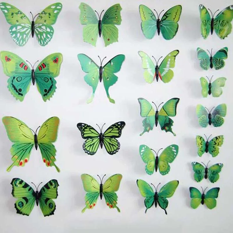 12Pcs Waterproof Wall Stickers Green Butterfly Wall Decals For Kids Room TV Wall Sticker Home Decor Kitchen PVC Butterfly 3D DIY
