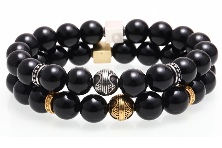 Mcllroy модные роскошные 10 мм черный натуральный камень браслет для женщин мужчин нержавеющая сталь золотой шар шарм браслеты ювелирные изделия