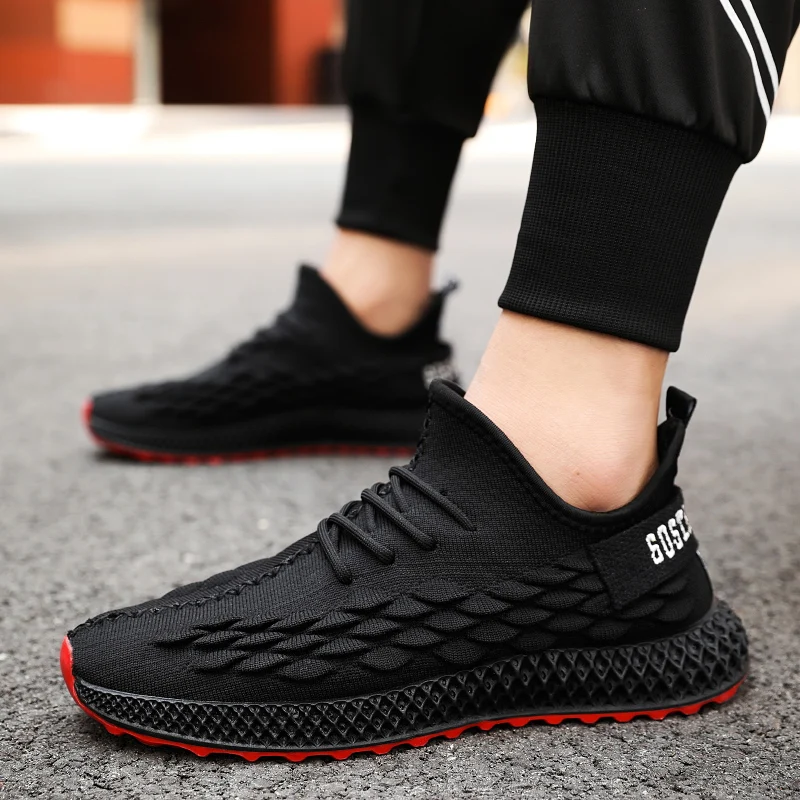 Breathable Running Shoes For Man Mesh Slip On Sneakers Shoes Lace Up Men Jogging Shoes Outdoor Sneakers Casual Sports Black Red