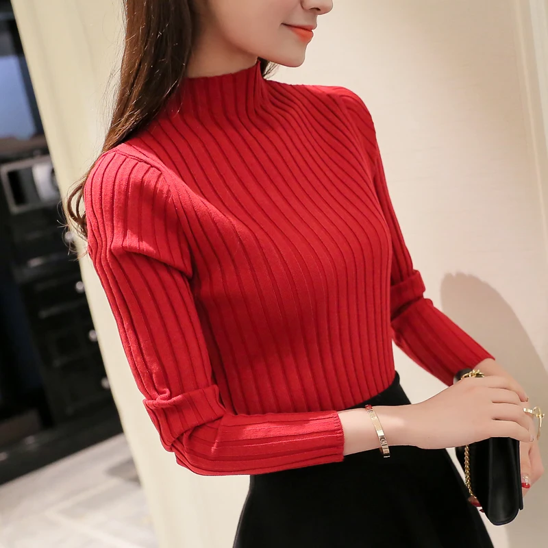 Корейская версия женской одежды, свитер с высоким воротником, тонкий вязаный свитер, осень и зима, стиль эластичности