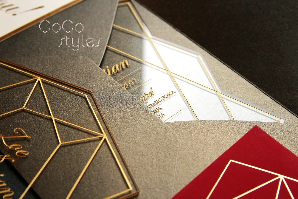  Cocostyles custom modern die cut geometric engraving acrylic invitation card with gold foiling enve - 32860416610