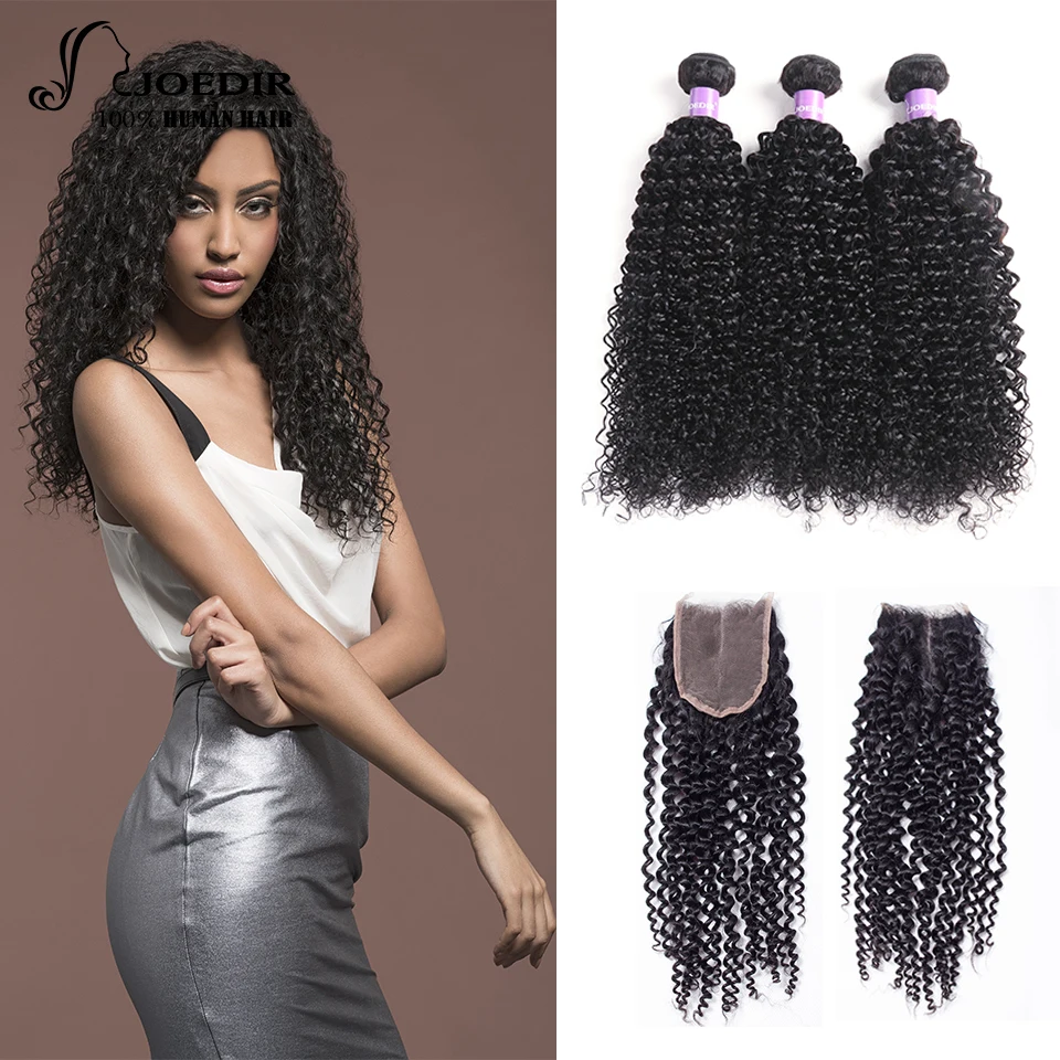 Joedir Kinky Curly Bundles With Closure Curly Brazilian Hair Weave Bundles With Closure Human Hair With Closure Hair Extension