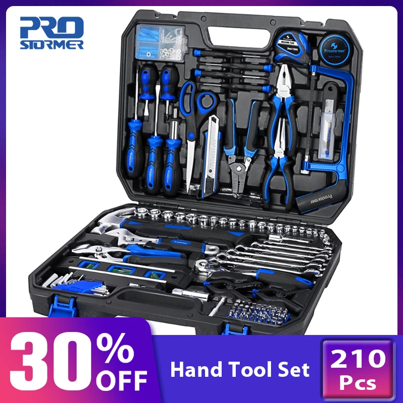 

Prostormer 210 Pcs Hand Tools Set Ratchet Wrench Combination Socket Adapter Kit Spanner Set General Household Wrench Set Tools